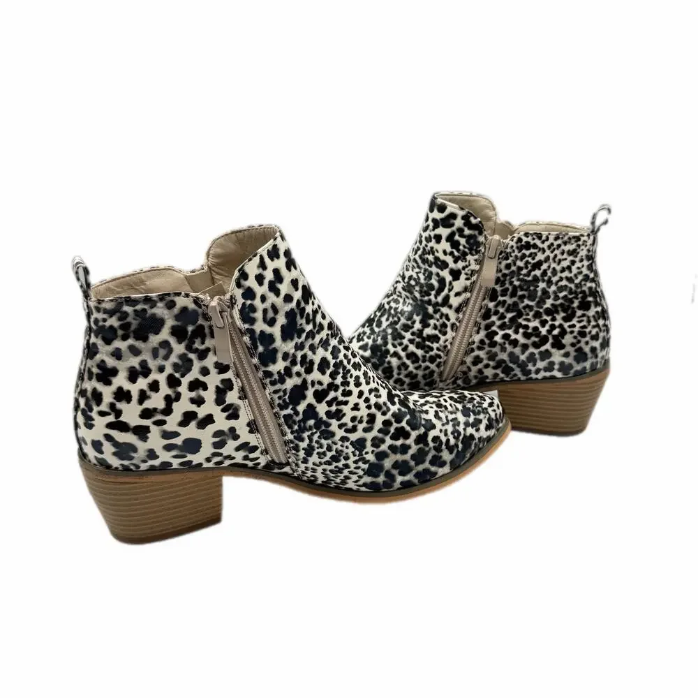 Journee Collection Rebel Leopard Black White & Gray Side Zip Block Heel Booties